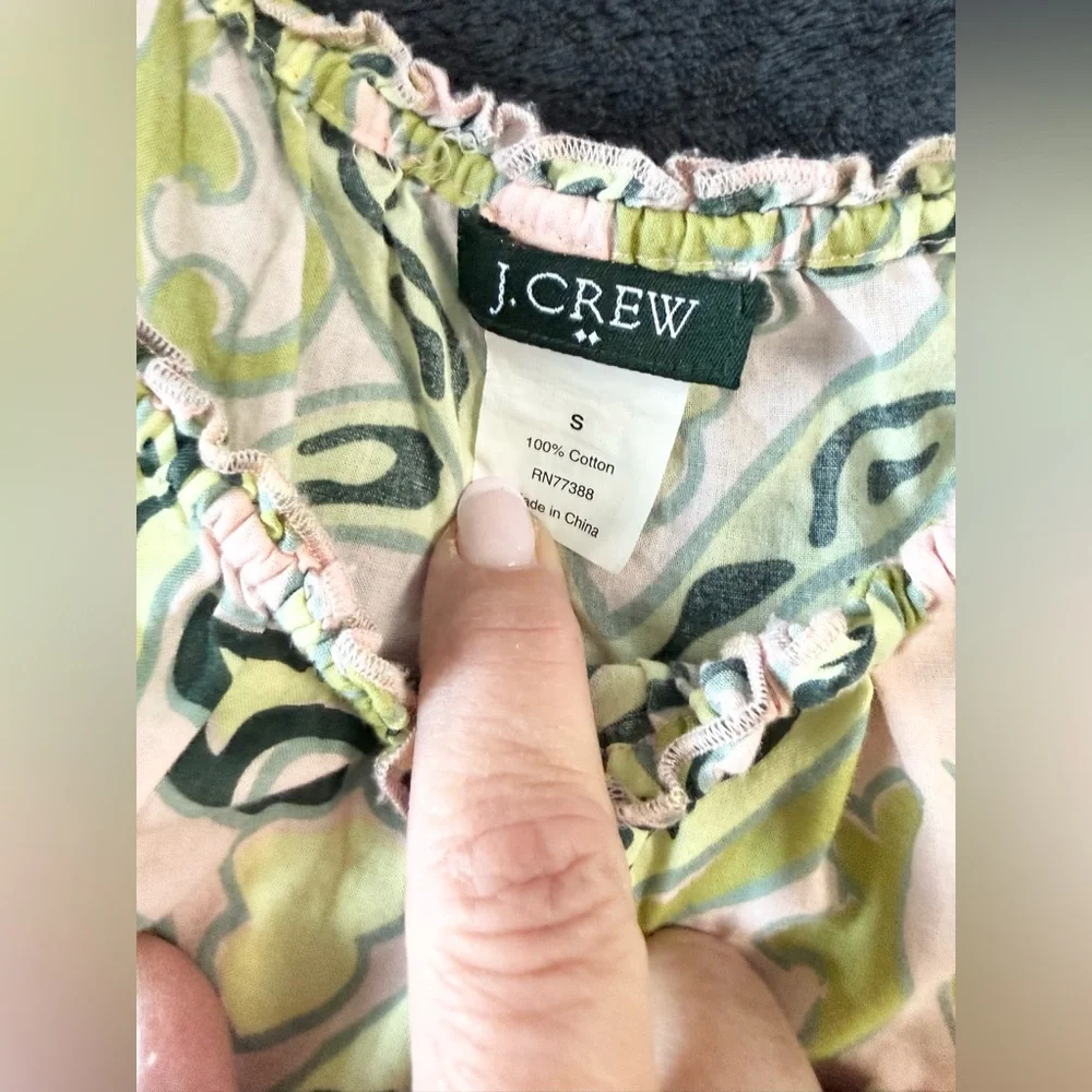 J.Crew Green & Pink Printed Smocked Top – Size S – 100% Cotton